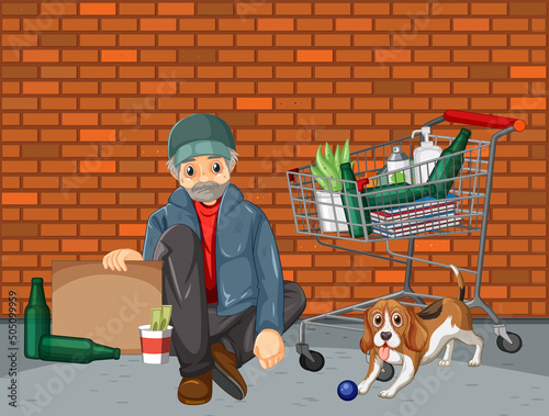 Homeless man sitting with a dog