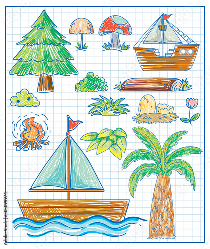 Kids hand drawn doodle ship and boat