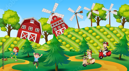 Happy kids in farm landscape