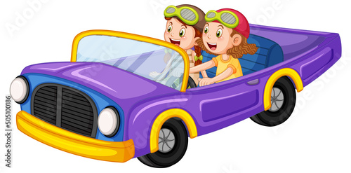 Kids in vintage car in cartoon design