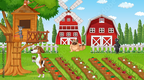 Outdoor farm scene with cartoon dogs