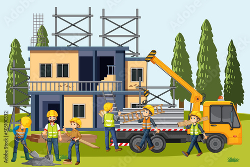 Building construction site with workers