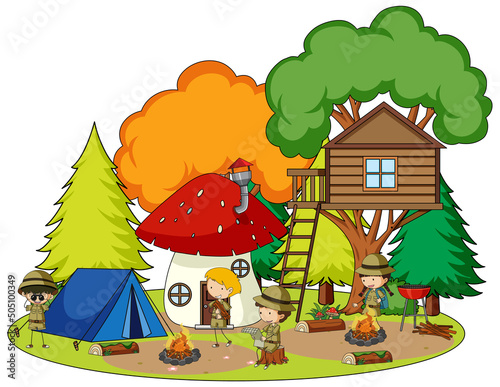 Scene with kids camping in the park