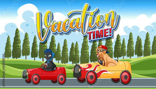 Dog and cat driving a car with vacation time text on nature landscape