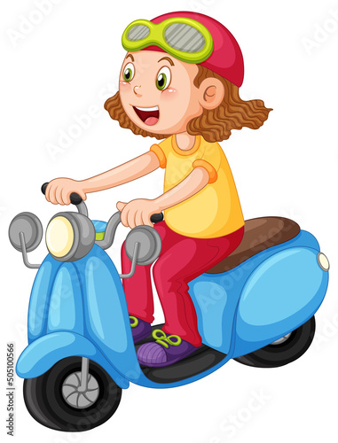 Cartoon girl riding scooter on white background