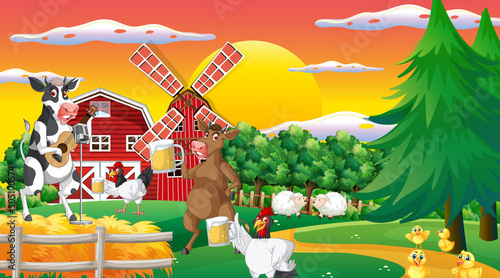 Outdoor cow farm scene with happy animals cartoon