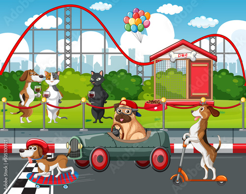 A group of different pet driving car on park street