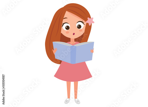 Beautiful cute little girl reading a book. Cartoon flat Vector illustration.