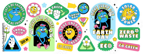 Save the planet stickers in trendy retro cartoon style. Earth Day posters. World Environment Day.