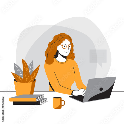 Remote work concept, vector illustration. Girl sitting at a computer, laptop. Online training, conference, webinar, courses, lessons, master classes, training video, work, online sales and purchases, 
