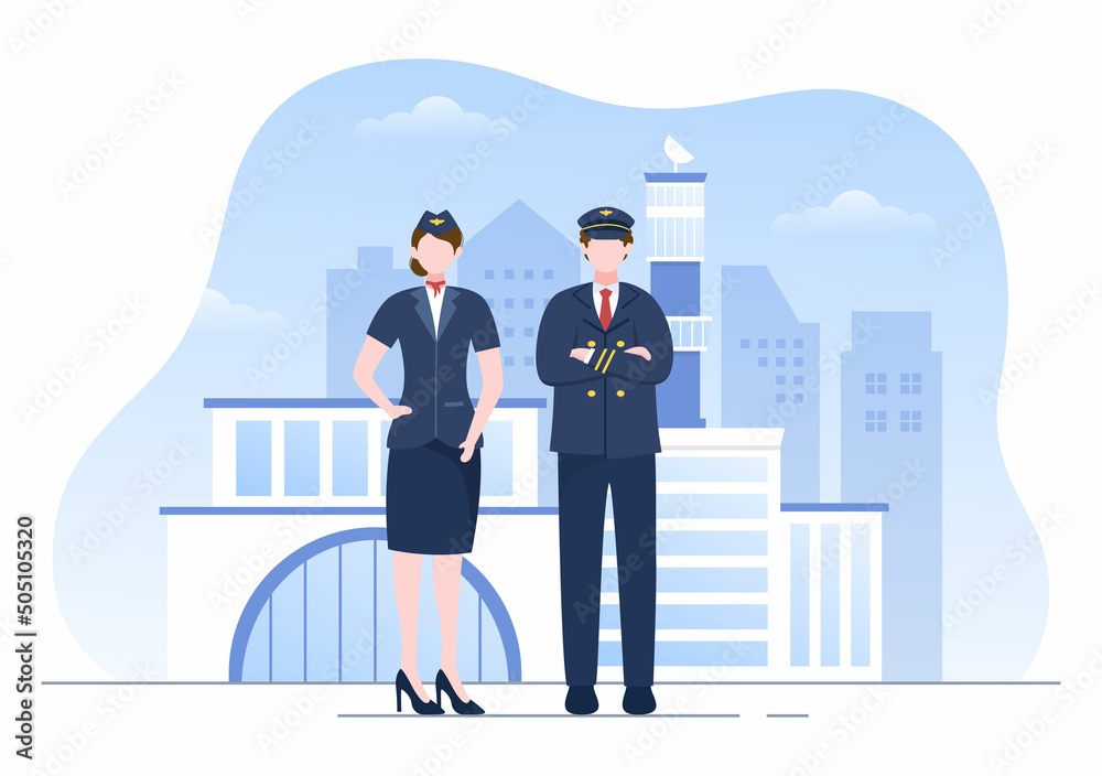 Pilot Cartoon Vector Illustration with Airplane, Air Hostess, City or Airport Background Design
