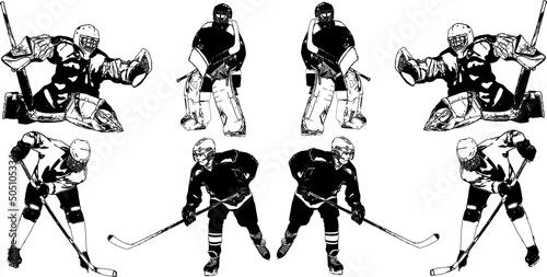 A selection of black and white vector images of players of the hockey team in uniform