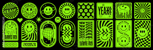 Rave psychedelic acid sticker set. Trippy illustrations, dripping smiles. surreal geometric shapes. photo