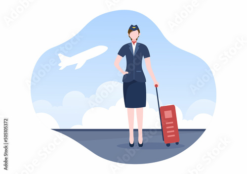 Stewardess or Air Hostess with Blue Uniform and Carry a Suitcase at Airport in Cartoon Vector Illustration