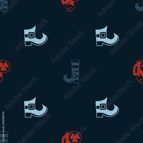 Set Glass of beer, Leprechaun boot and on seamless pattern. Vector