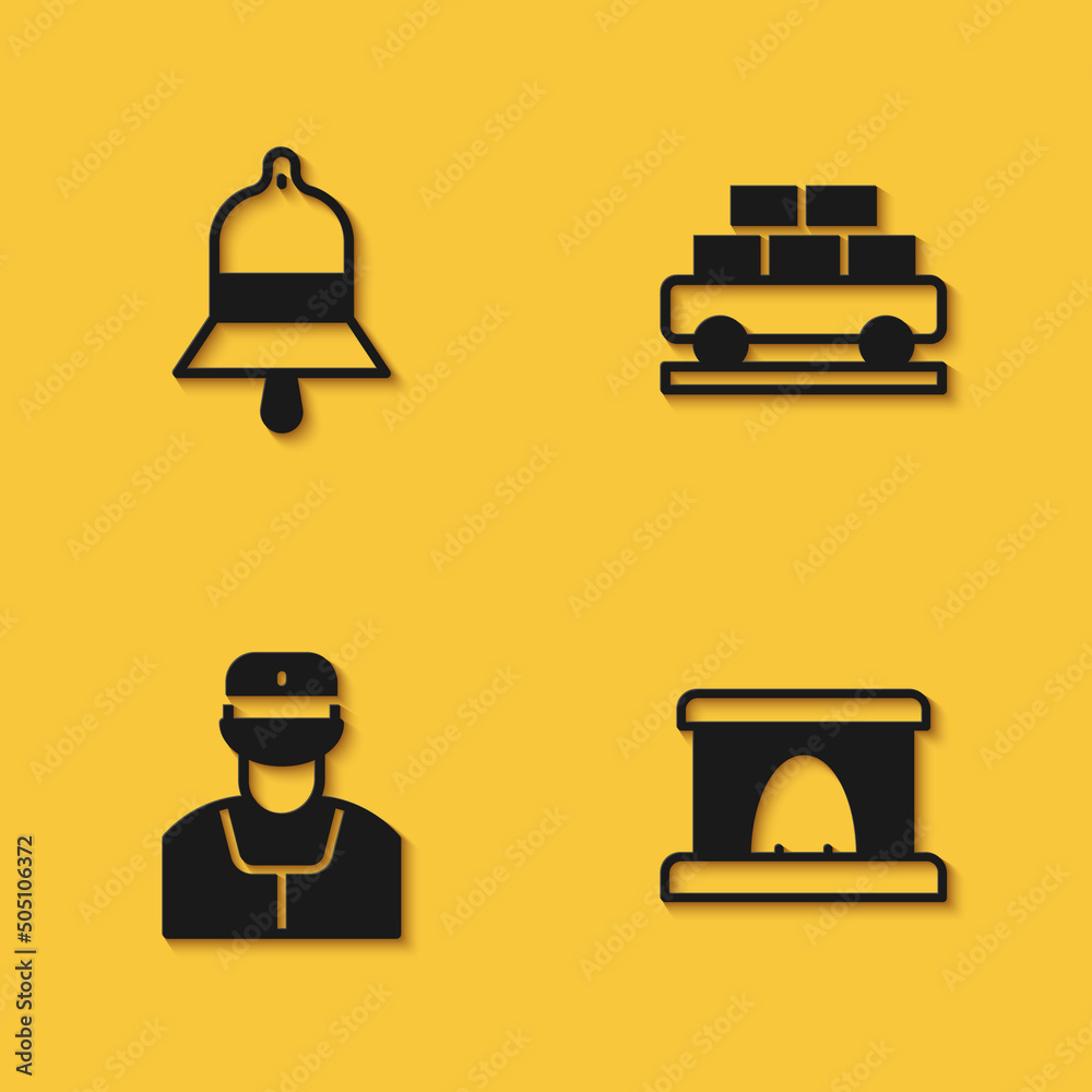 Set Train station bell, Railway tunnel, conductor and Cargo train wagon icon with long shadow. Vector Set Train station bell, Railway tunnel, conductor and Cargo train wagon icon with long shadow. Vector