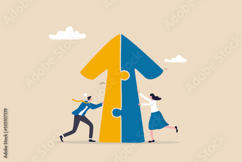 Merger and Acquisitions, partnership or work together, success puzzle, growth solution or cooperation, support or progress challenge concept, business people push arrow jigsaw to join to success. photo