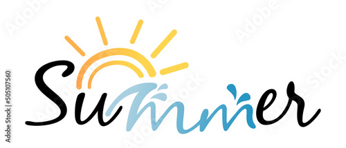 Vector summer doodle with sun and sea. Calligraphy isolated design.