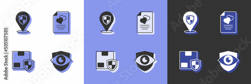 Set Shield and eye, Location shield, Delivery security with and Marriage contract icon. Vector