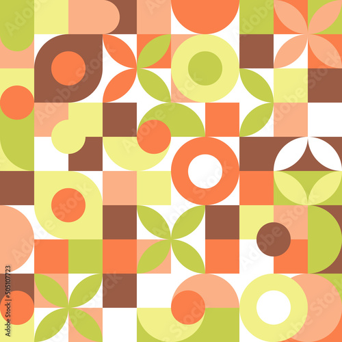 Geometric shapes in set for summer flyer or web template seamless background. Bright wallpaper of squares, circles and flowers in a trendy Scandinavian style.