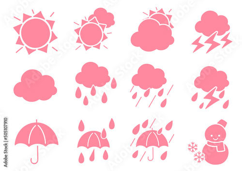 シンプルな天気予報の手描きアイコンセット(ピンク)
