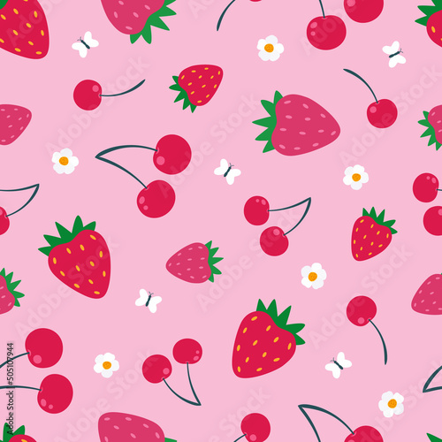 Cute seamless pattern of sweet strawberries and cherries. Strawberry background for fabrics, decorative paper. Textile print for a small child. Summer vector background.