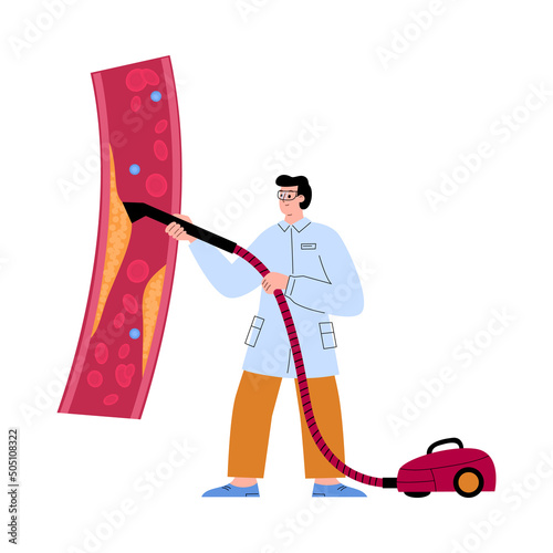 Cardiologist or surgeon cleaning clogged artery from cholesterol with vacuum cleaner.