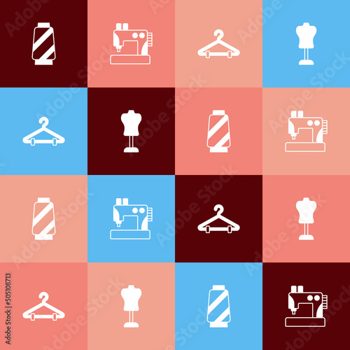 Set pop art Sewing thread on spool, machine, Hanger wardrobe and Mannequin icon. Vector