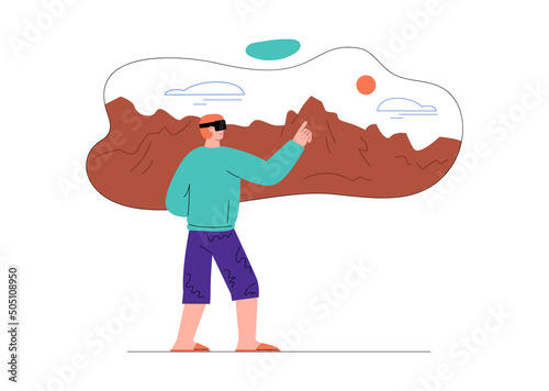 Man experiencing augmented reality app with VR goggles, flat vector isolated.