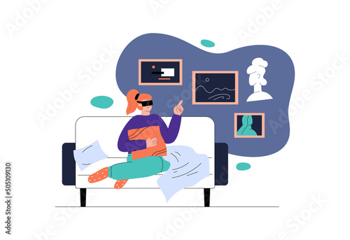 Girl travels virtually to a museum, gallery, vector flat illustration on white background.
