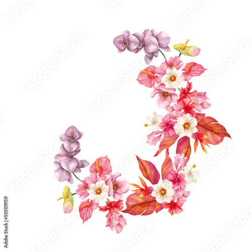 Watercolor tropical wreath with exotic fruit and flowers, palm leaves, monstera and orchid, isolated on white background