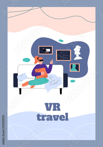 VR travel simulation app banner or poster template, flat vector illustration.