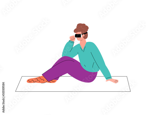 Woman using augmented reality VR app, flat vector illustration isolated.