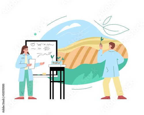 Agronomy abstract concept with scientists doing research, flat vector illustration isolated on white background.