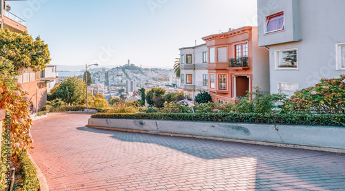 San Francisco, California, USA - October 16, 2021, view of the city from the top of Lombard street. The photo was processed in pastel colors.