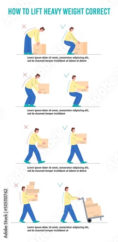 Carrying, lifting heavy loads, boxes, a set of vector flat illustrations on a white background.