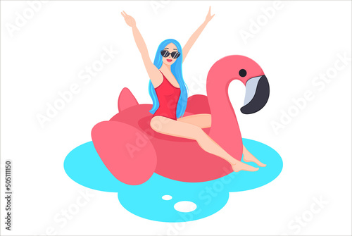 Girl sits on inflatable mattress flamingo. Young girl in sunglasses and a red swimsuit Summer time relax.