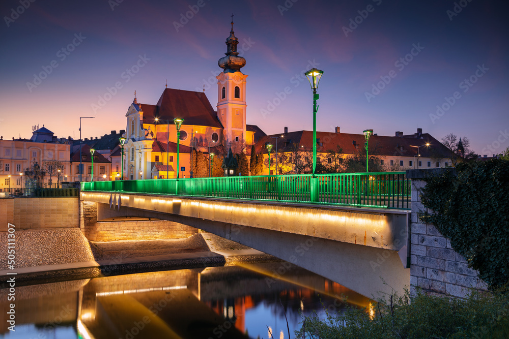 Gyor, Hungary. Cityscape image of Gyor downtown at beautiful sunrise.