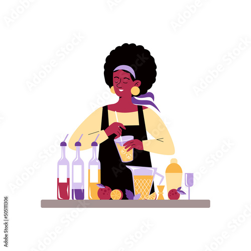 Female bartender mixing drinks and cocktails, flat vector illustration isolated.