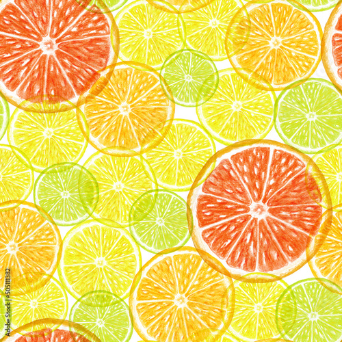 Lemon Orange Grapefruit slice seamless pattern Watercolor pencil illustration Summer colorful citrus textural print Translucent fruits background