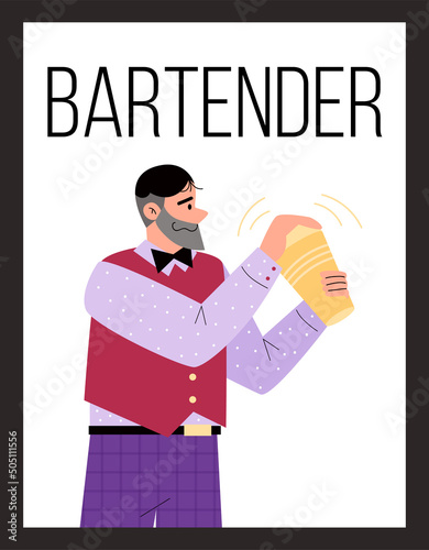 Male bartender mixing drinks in Boston shaker, poster template with text, flat vector illustration.