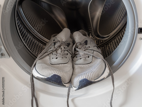 Sneakers inside the washing machine