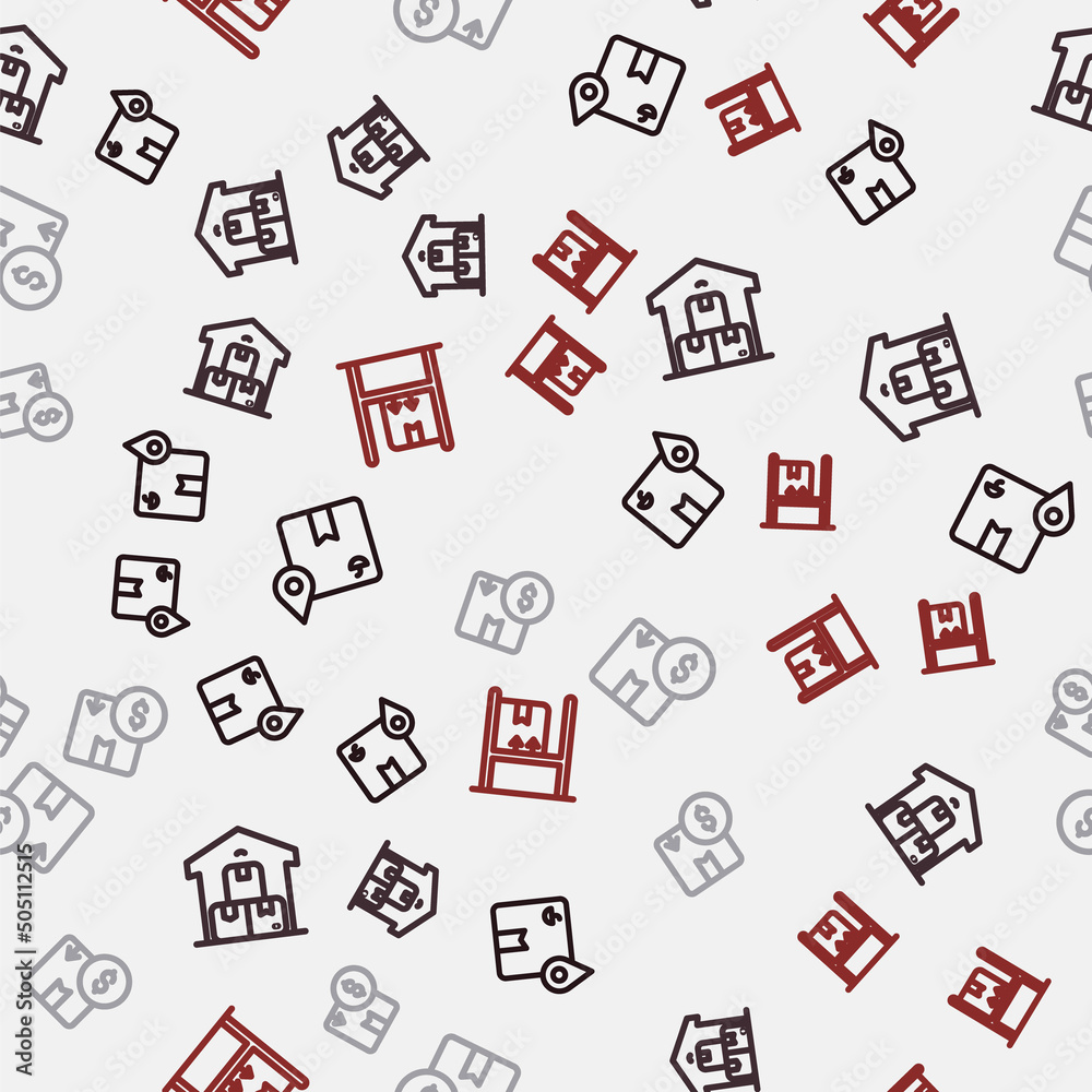 Set line Location with cardboard box, Full warehouse, Carton and Warehouse interior boxes on seamless pattern. Vector Set line Location with cardboard box, Full warehouse, Carton and Warehouse interior boxes on seamless pattern. Vector