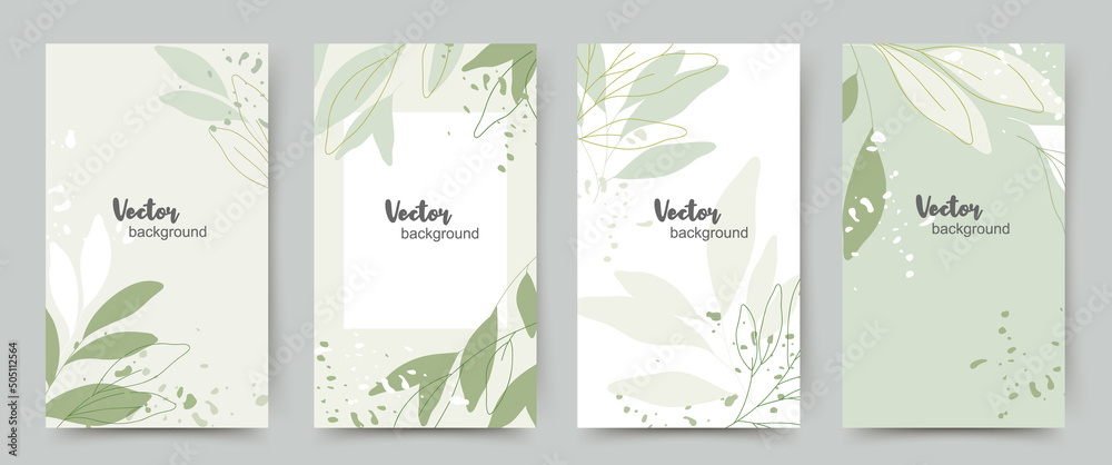 Spring summer green background templates with minimal plants and leaves ...