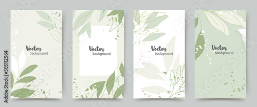 Spring summer green background templates with minimal plants and leaves.Vector illustration for mobile applications, advertisements, banners, covers, greeting card, social media posts and stories