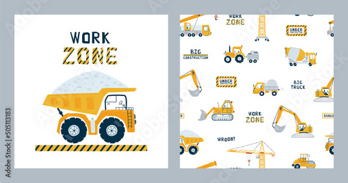 Set seamless patterns and print elements construction vehicles. Illustrations with yellow dump truck, crane, tractor and bulldozer for kid. Vector