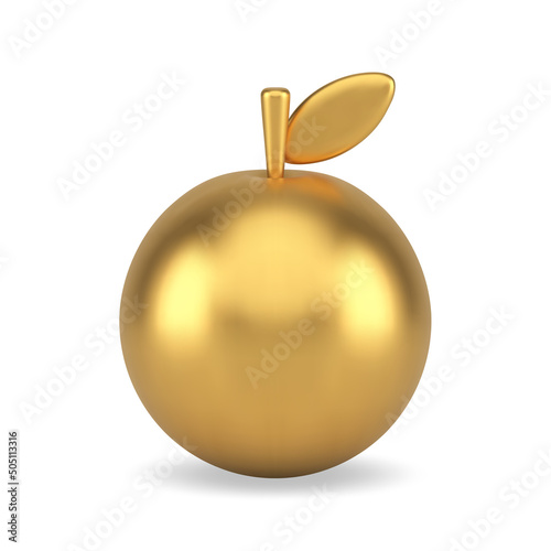 Golden metallic circle apple with twig leaf realistic 3d icon vector vitamin organic seasonal fruit