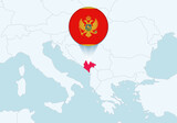 Europe with selected Montenegro map and Montenegro flag icon.