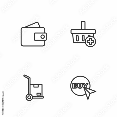 Set line Buy button, Hand truck and boxes, Wallet and Add Shopping basket icon. Vector