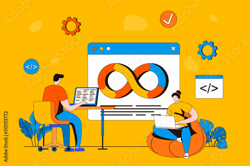 DevOps web concept in flat 2d design. Man and woman developers work together in team, administer development and collaboration processes on programming products. Vector illustration with people scene